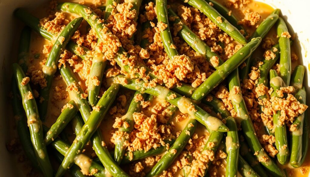 A baking dish filled with vibrant green beans, coated in a rich, creamy cheese sauce and topped with a crisp layer of golden breadcrumbs. The beans glisten under warm, directional lighting, casting soft shadows across the dish. The composition is centered, emphasizing the textures and flavors of this comforting, savory side dish. The mood is inviting and appetizing, perfectly capturing the essence of an easy, cheesy green bean bake. Breadcrumb Toppings