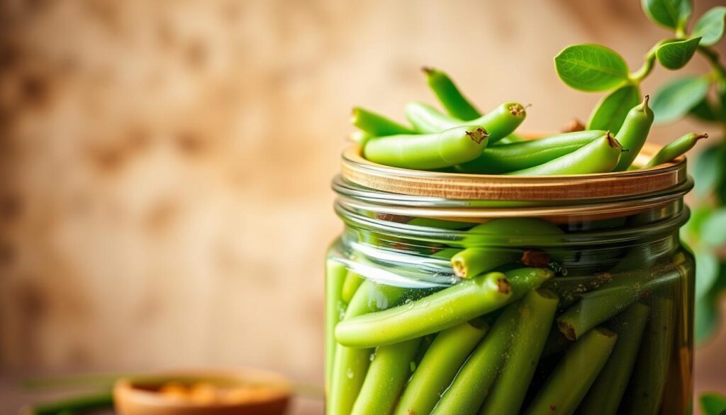A beautifully lit close-up image of fresh green beans in a clear glass fermenting jar, with a wooden lid and some spices visible. The beans are submerged in a brine solution, gently bubbling with fermentation. The scene is bathed in warm, natural light, with a soft, earthy background that complements the vibrant colors of the beans. The composition highlights the key steps of the easy fermentation process, inviting the viewer to explore the simple, flavorful technique. fermented green beans crunchy