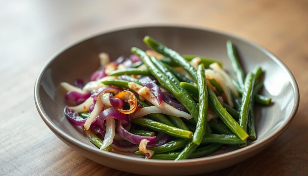 A beautifully lit, high-resolution photograph of a simple, rustic dish featuring steamed green beans and sautéed cabbage. The cabbage is thinly sliced and lightly browned, while the green beans are vibrant and crisp. The dish is plated on a wooden surface, with a subtle vignette effect drawing the eye to the center. Soft, diffused lighting from the side creates gentle shadows and highlights the textures of the ingredients. The overall composition is clean and balanced, emphasizing the natural colors and flavors of the fresh produce. Cabbage and Green Beans Recipe