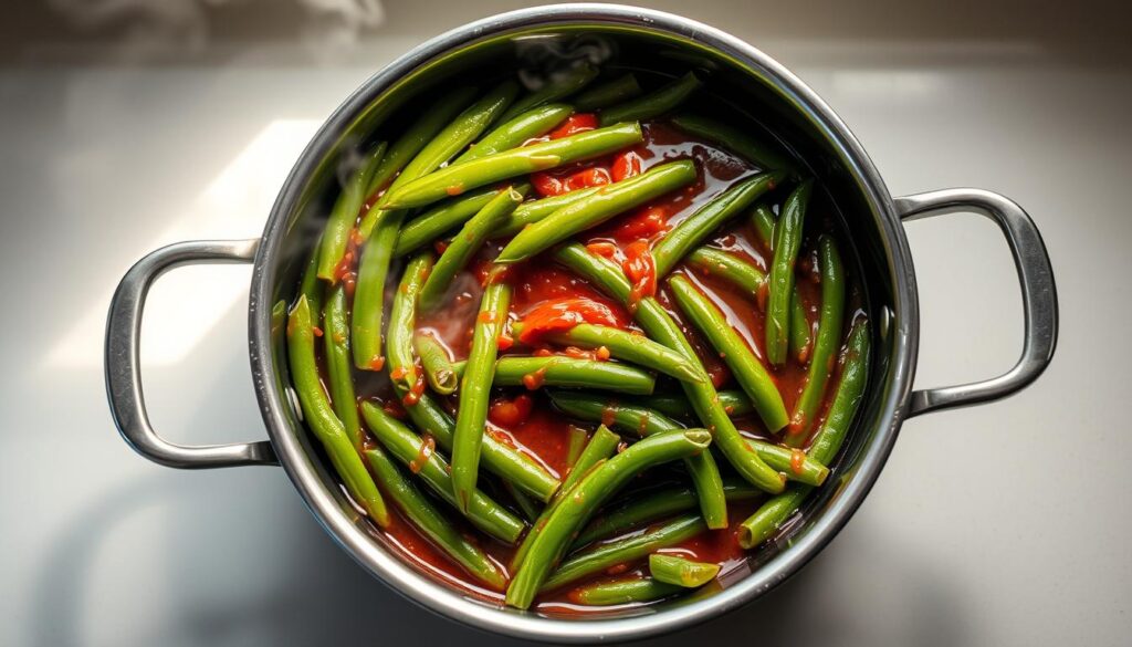 A beautifully lit overhead shot of a stainless steel pot filled with succulent, vibrant green beans simmering in a rich, glossy sauce. The beans are evenly cooked, retaining their crisp texture. Wisps of steam gently rise from the pot, hinting at the savory aroma. The countertop is clean and uncluttered, allowing the pot to be the focal point. Soft, diffused lighting casts gentle shadows, emphasizing the depth and dimension of the scene. The overall mood is one of simple, homemade elegance, inviting the viewer to imagine the delicious taste and texture of these KFC-inspired green beans. How to Make KFC Style Green Beans