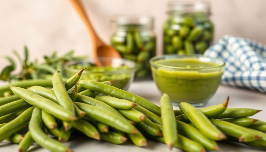 A beautifully lit tabletop scene showcasing the ingredients for homemade green beans baby food. In the foreground, an assortment of fresh, vibrant green beans, neatly arranged. Behind them, a small glass bowl filled with pureed green beans, its creamy texture inviting. In the middle ground, a wooden spoon and a glass jar, hinting at the preparation process. The background features a soft, neutral-toned backdrop, allowing the ingredients to take center stage. The lighting is warm and natural, accentuating the colors and textures of the scene. The overall composition is balanced and visually appealing, capturing the essence of wholesome, homemade baby food. Green Beans Baby Food Recipe