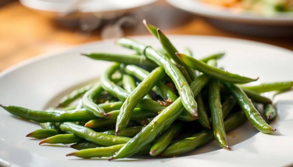 A beautifully plated dish of perfectly cooked green beans, steaming and fresh, with a vibrant green color and a tender-crisp texture. The beans are arranged in an artful manner, possibly on a white ceramic plate or a wooden serving board, allowing the natural hues and shapes to shine. Soft, natural lighting from the side illuminates the dish, creating warm highlights and gentle shadows that accentuate the visual appeal. The overall composition is simple yet elegant, inviting the viewer to imagine the delicious aroma and taste of these expertly prepared green beans. Tips for Perfectly Cooked Green Beans