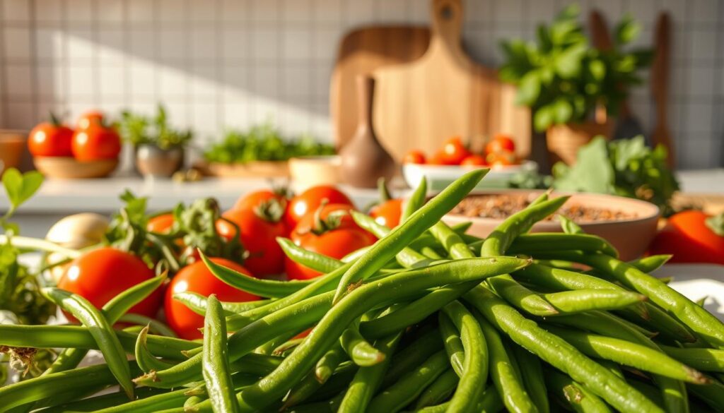 A bountiful display of fresh Israeli cuisine, showcased in a warm, sun-drenched kitchen. In the foreground, vibrant green beans, their crisp texture and vibrant hue accentuated by a light drizzle of high-quality olive oil. Surrounding them, an array of other key ingredients: ripe tomatoes, fragrant herbs, and a selection of spices, all illuminated by soft, natural lighting that casts gentle shadows and highlights their distinct textures. In the middle ground, a wooden cutting board and a simple, yet elegant ceramic dish, hinting at the rustic simplicity that defines the essence of Israeli culinary traditions. The background features a minimalist, white-tiled wall, allowing the colors and flavors of the ingredients to take center stage, conveying the enduring popularity and appeal of this vibrant, Mediterranean-inspired cuisine.