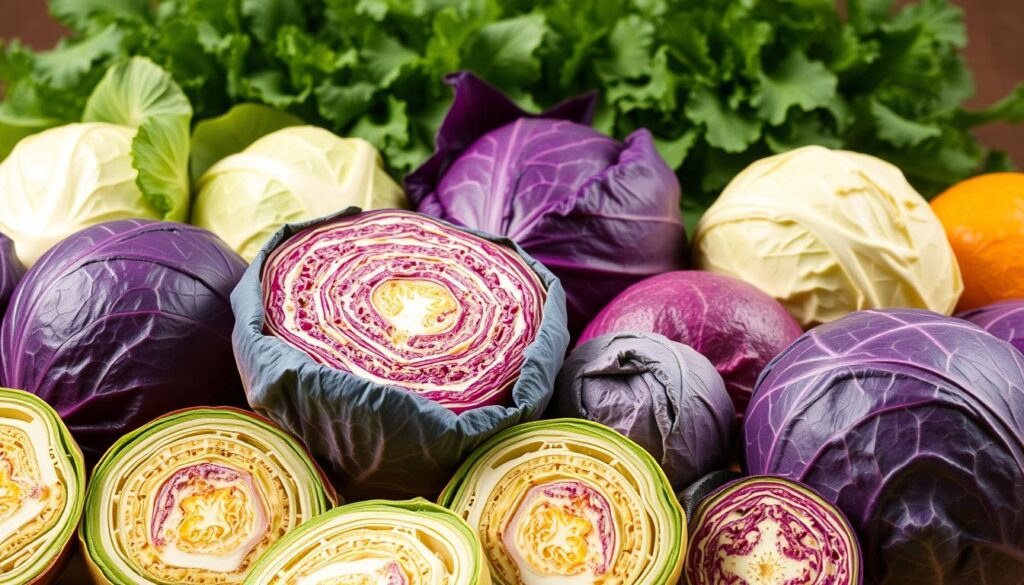 A bountiful display of fresh, vibrant cabbages in various hues, arrayed against a backdrop of lush greenery. Crisp, evenly lit from above, each cabbage's intricate patterns and textures are showcased in striking detail. In the foreground, a selection of cross-sectioned cabbages reveal their inner structures, highlighting the nutritional richness within. The middle ground features whole cabbages, their leaves glistening, conveying the crispness and vitality of this humble yet versatile vegetable. The background softly fades into a soothing, earthy tone, emphasizing the natural, wholesome nature of the scene. The overall composition exudes a sense of health, wellness, and the bountiful benefits of including cabbage in one's diet. Why Cabbage is Great for Weight Loss