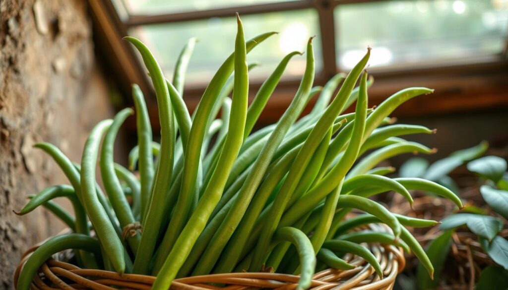 A bountiful harvest of organic French-style green beans, their slender, vibrant stems reaching towards a natural light source. The beans are arranged in a rustic wicker basket, nestled amidst a backdrop of earthy, textured surfaces. Soft, diffused illumination from an overhead window casts a warm glow, highlighting the beans' rich, verdant hues and delicate, slightly curved silhouettes. The scene conveys a sense of freshness, wholesomeness, and the simple pleasures of nature's bounty, perfectly suited to illustrate the benefits of choosing these premium, sustainably grown French green beans. organic French-style green beans