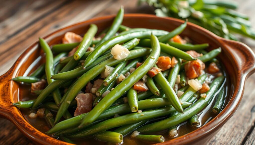 A bountiful plate of southern-style green beans, freshly harvested and gently simmered with savory smoked ham, aromatic onions, and a touch of tangy apple cider vinegar. The vibrant green beans glisten under soft, warm lighting, casting a comforting glow across the rustic ceramic dish. Tender yet crisp, the beans are surrounded by a rich, flavorful broth that beckons the senses. In the background, a weathered wooden table evokes the simple pleasures of a homestyle meal, echoing the timeless tradition of this cherished southern delicacy. Why This Recipe is a Southern Classic