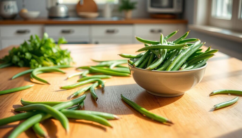 A bright, airy kitchen with a wooden table, fresh green beans spilled across the surface, sunlight streaming in through a nearby window. A single ceramic bowl sits filled with the boiled beans, a dusting of sea salt and a drizzle of olive oil glistening on the vibrant, tender stalks. The scene is captured in a classic, natural light style, the angle slightly elevated to showcase the simplicity and appeal of this easy, nourishing dish. Easy Boiled Green Beans Recipe