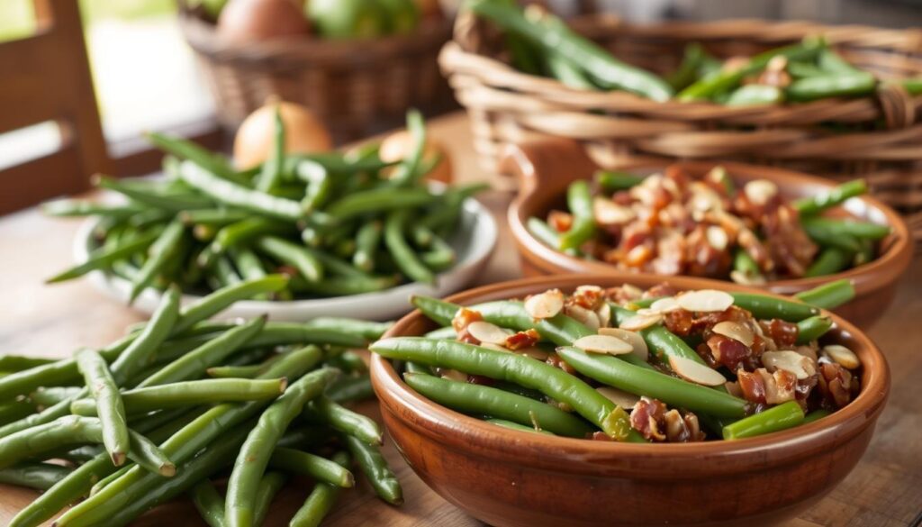 A carefully crafted still life image showcasing several variations of the classic Arkansas green beans dish. In the foreground, a selection of freshly picked green beans, some steamed and seasoned with garlic, others sautéed with onions and bacon. In the middle ground, a rustic ceramic dish filled with tender green beans in a rich, savory sauce, garnished with toasted almond slivers. The background features a wooden table, a basket of additional produce, and soft, natural lighting illuminating the scene, creating a cozy, homespun atmosphere. The image conveys the comforting flavors and textures of this beloved Southern side dish. Vegetarian-Friendly Options