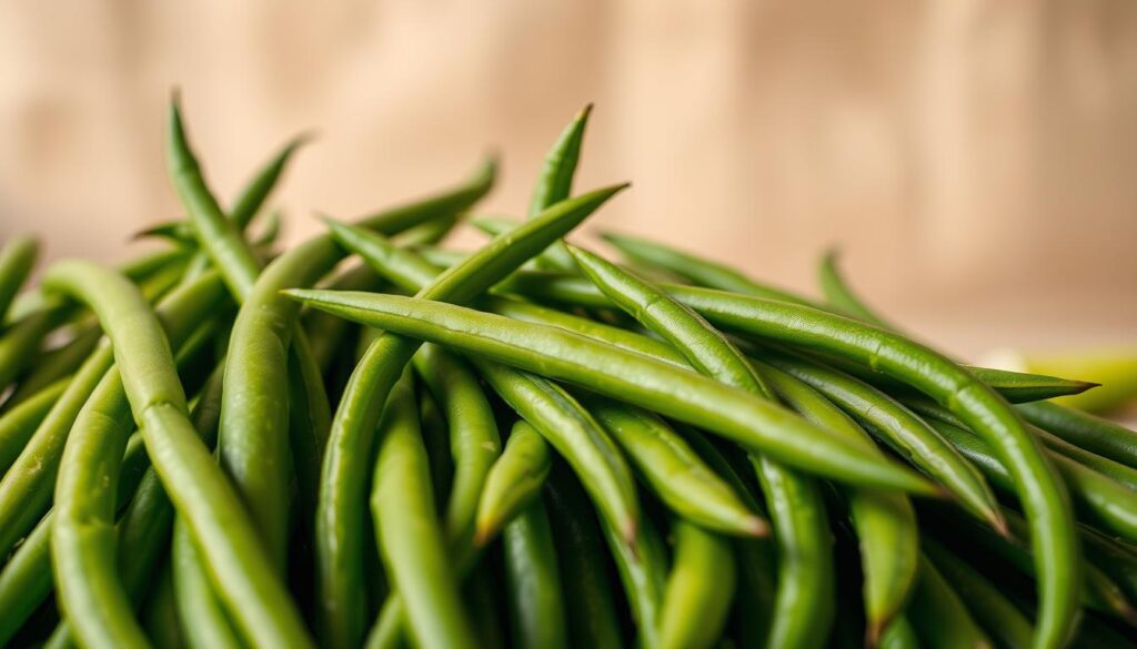 A carefully curated selection of fresh green beans, their vibrant hues and slender forms captured in a softly lit, close-up photograph. The beans are arranged in an artful, visually appealing display, showcasing their quality and appeal. The image is shot with a shallow depth of field, allowing the beans to stand out in sharp focus against a gently blurred, neutral background. The lighting is natural and diffused, creating a warm, inviting atmosphere that enhances the appetizing appearance of the produce. The overall composition and styling convey a sense of freshness, quality, and the premium nature of the green beans. Fresh Green Beans