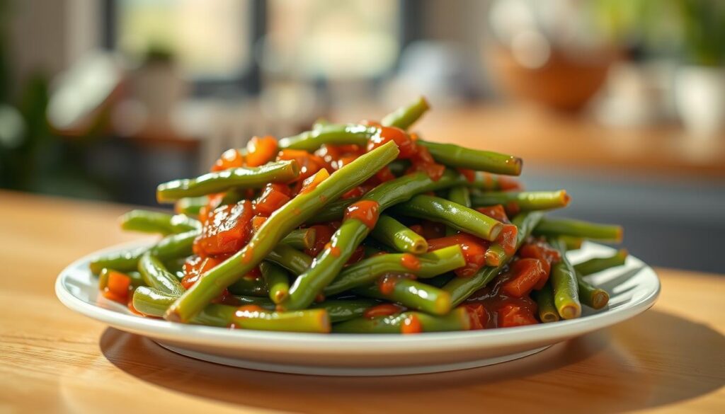 A close-up of a plate of freshly made KFC-style green beans, steaming hot and glistening with a rich, savory sauce. The beans are tender yet crisp, arranged in an appealing, artful manner against a subtly blurred background. Warm, natural lighting casts a soft, comforting glow over the scene, creating a mouthwatering and inviting atmosphere. The image is captured with a high-quality DSLR camera, using a shallow depth of field to focus the viewer's attention on the star of the dish. The overall presentation is elegant, appetizing, and true to the signature KFC green bean flavor. KFC Green Beans Recipe: A Step-by-Step Guide