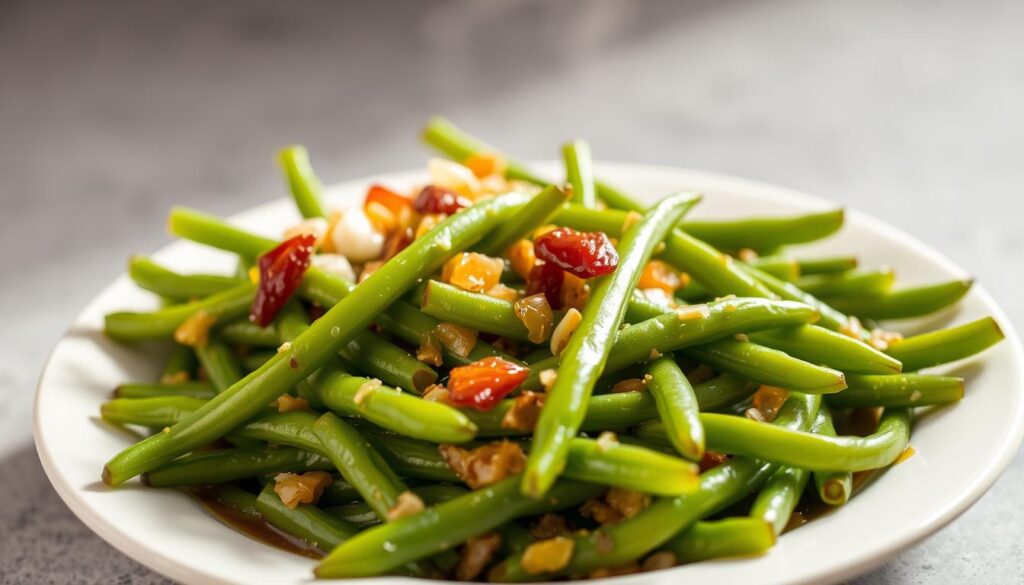 A close-up photograph of a plate of Popeyes-style green beans, freshly prepared and steaming hot. The beans are vibrant green, cooked to a tender-crisp texture, and seasoned with garlic, onions, and a savory, peppery broth. The plate is set against a neutral background, allowing the dish to take center stage. Bright, even lighting from the side highlights the rich color and glossy appearance of the beans, while a shallow depth of field keeps the focus on the foreground. The overall mood is appetizing and inviting, capturing the essence of the popular Popeyes green bean side dish that can now be recreated at home.