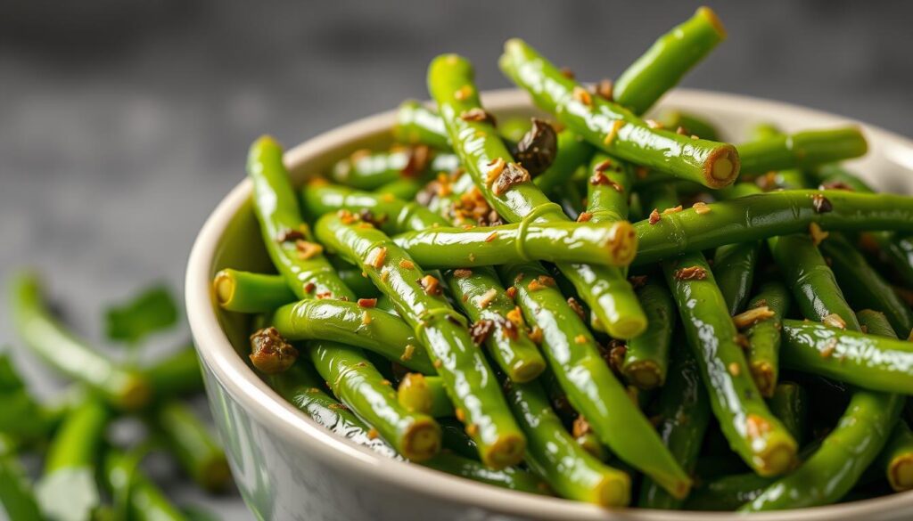 A close-up shot of a bowl of freshly cooked KFC-style green beans, seasoned with a blend of savory herbs and spices. The beans are vibrant green, glistening with a light coating of oil or butter. The dish is presented against a neutral background, allowing the appetizing colors and textures to take center stage. Soft, diffused lighting illuminates the scene, casting gentle shadows and highlighting the delicate details of the beans. The overall mood is inviting and mouthwatering, conveying the comforting and satisfying nature of this classic KFC side dish. Why KFC Green Beans are a Popular Side Dish