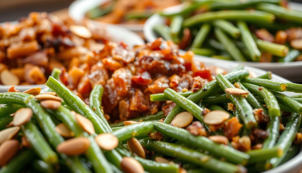 A close-up shot of a plate showcasing several variations of Cracker Barrel's classic green beans side dish. In the foreground, a pile of freshly sautéed green beans, glistening with a light olive oil glaze and sprinkled with crunchy roasted almonds. In the middle ground, a serving of green beans stewed in a savory, tangy tomato-based sauce, with bits of crispy bacon scattered throughout. In the background, a colorful mix of pickled and sautéed green beans, vibrant in hue and contrasting in texture. The image is captured in natural soft lighting, with a shallow depth of field to emphasize the individual dishes. The overall scene exudes a homey, comforting atmosphere, inviting the viewer to savor the diverse flavors and preparations of this beloved Cracker Barrel classic. Variations of the Classic Green Beans Side Dish