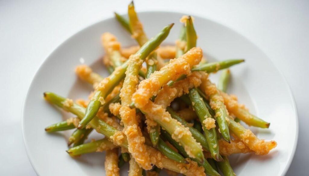A close-up shot of a unique tempura green bean dish, captured with a high-quality lens and soft, even lighting. The beans are golden-brown and perfectly crispy, glistening with a delicate tempura batter. Carefully arranged on a minimalist white plate, the dish is framed by a simple, clean background that allows the vibrant green hues and intricate textures of the tempura to take center stage. The overall composition evokes a sense of artisanal craftsmanship and culinary expertise, inviting the viewer to appreciate the thoughtful preparation and presentation of this exceptional tempura green bean recipe. What Makes Tempura Green Beans Unique