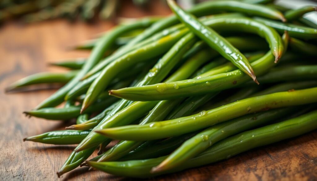 A close-up shot of freshly prepared, vibrant green beans, neatly arranged on a rustic wooden table. The beans are glistening with a light coating of olive oil, evoking the Southern-style preparation. Soft, diffused lighting illuminates the scene, casting a warm, homey atmosphere. The image showcases the simplicity and natural goodness of these classic green beans, ready to be savored as part of a hearty, comforting meal. Minimal background elements allow the green beans to be the star of the composition, capturing the essence of the step-by-step instructions for preparing this delicious Southern-style dish. Preparing Southern-Style Green Beans