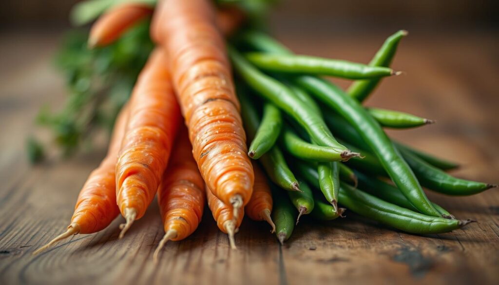 A close-up still life shot of a wooden table, with vibrant carrots and green beans artfully arranged. The vegetables are prominently displayed, their unique color profiles and textures accentuated by soft, natural lighting from the side. The background is slightly blurred, creating a sense of depth and focus on the produce. The image has a warm, earthy tone, conveying the rich, nuanced flavors of these two complementary vegetables. The overall composition is balanced and visually appealing, inviting the viewer to explore the interplay of colors, shapes, and aromas. Exploring the Flavor Profiles of Carrots and Green Beans