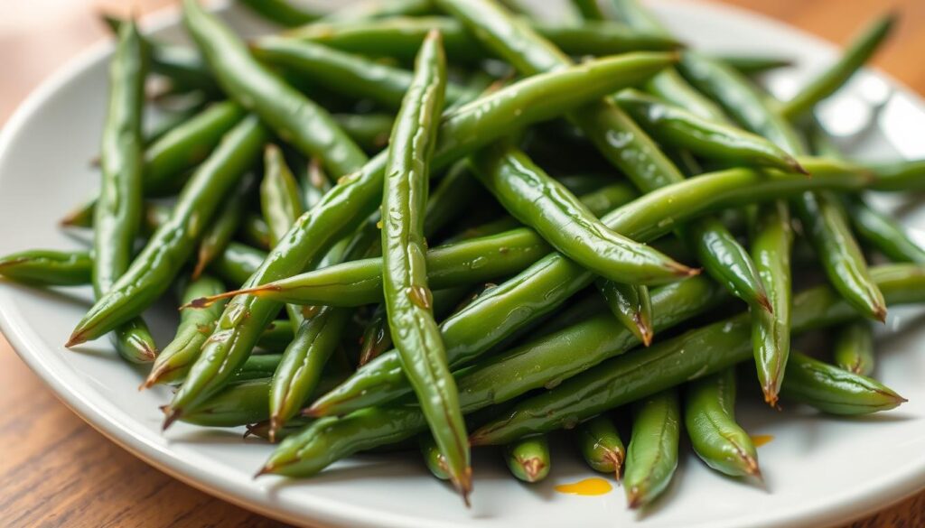 A close-up view of a plate filled with freshly boiled green beans, steaming and glistening with a light coating of olive oil. The beans are arranged in a visually appealing manner, with some standing upright and others slightly draped over the edges of the plate. The background is softly blurred, allowing the green beans to be the focal point of the image. The lighting is natural and diffused, creating a warm and inviting atmosphere. The image conveys the simplicity and healthiness of the boiled green beans recipe, perfectly showcasing the variations that can be made to this classic side dish. Pairing Ideas for a Tasty Green Beans Side Dish