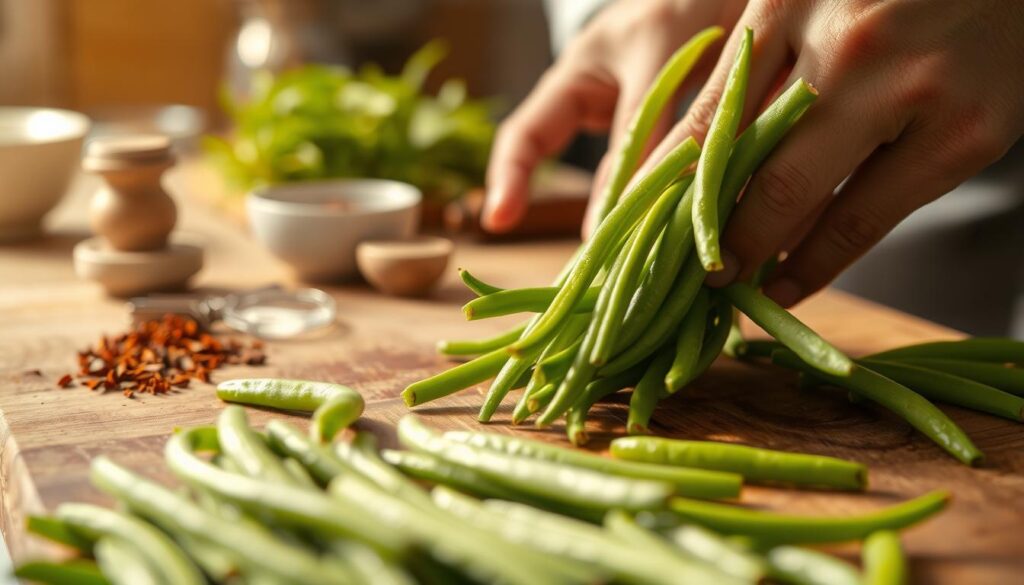 A close-up view of neatly trimmed Lebanese green beans, their vibrant green hues glistening under warm, natural lighting. In the foreground, a chef's hands carefully slicing the beans at a slight angle, revealing their tender interiors. In the middle ground, a wooden cutting board provides a rustic backdrop, complemented by a selection of aromatic spices and herbs. The background fades into a softly blurred kitchen setting, hinting at the broader context of meal preparation. The overall mood is one of mindful culinary craftsmanship, inviting the viewer to engage with the nuanced process of preparing these flavorful Lebanese delights. Preparation Techniques for Lebanese Green Beans