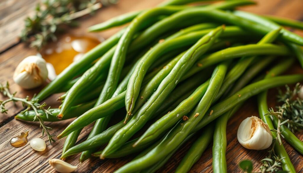A closeup shot of a fresh, vibrant green bean recipe on a rustic wooden table, bathed in warm, natural lighting. The beans are neatly arranged, showcasing their slender, crisp texture. Surrounding the beans are delicate sprigs of fresh thyme, a hint of garlic, and a light drizzle of olive oil, creating a mouthwatering arrangement. The overall composition has a earthy, homemade feel, inviting the viewer to imagine the simple yet flavorful dish. The focus is clear, with a shallow depth of field that draws the eye to the star of the scene - the Arkansas green beans. Fresh Ingredients for the Best Flavor
