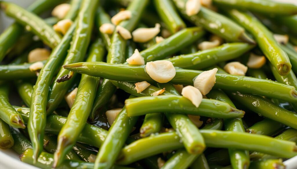 A closeup shot of a plate of freshly cooked, vibrant green beans, glistening with a light olive oil coating. The beans are interspersed with minced garlic cloves, their warm, savory aroma wafting through the frame. The lighting is soft and natural, creating gentle shadows that accentuate the beans' delicate texture. The composition places the dish in the foreground, allowing the viewer to focus on the simple yet flavorful ingredients. The overall mood is one of homey, rustic simplicity, inviting the viewer to imagine the satisfying crunch and garlicky goodness of this side dish. Garlicky Green Beans Recipe
