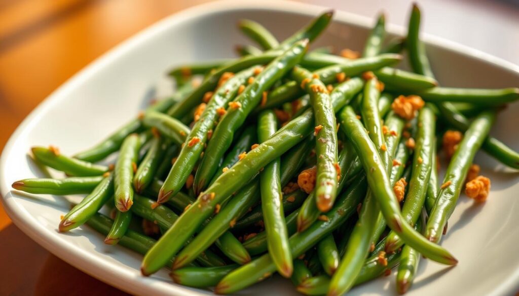 A colorful, appetizing plate of freshly prepared Popeyes green beans, showcasing a vegan-friendly option. The green beans are vibrant and crisp, arranged with care on a white ceramic dish. The lighting is warm and natural, highlighting the dish's enticing appearance. The camera angle is slightly elevated, providing a visually appealing perspective that emphasizes the dish's texture and presentation. The overall mood is one of inviting simplicity, showcasing the green beans as a delectable and plant-based side dish option at Popeyes.