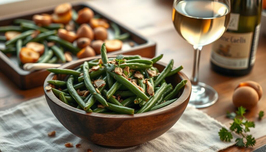 A cozy kitchen table set with a rustic wooden bowl filled with steaming canned green beans, garnished with fresh parsley and a sprinkle of toasted almonds. In the background, a tray of roasted potatoes and a glass of chilled white wine, creating a simple yet elegant serving suggestion. Soft, warm lighting casts a comforting glow, inviting the viewer to savor the homemade goodness. The scene exudes a sense of relaxed sophistication, highlighting the versatility of canned green beans as a flavorful and convenient side dish. How to Serve Canned Green Beans