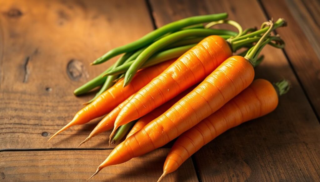 A crisp, vibrant still life featuring a dynamic duo of fresh carrots and green beans. The produce sits atop a rustic wooden surface, arranged in an inviting yet organic manner. Soft, warm lighting from the side bathes the scene in a cozy, homespun atmosphere. The carrots, with their vibrant orange hues, are positioned prominently, their earthy tones complementing the verdant green beans. Textures abound, from the rough wood grain to the smooth, unblemished skins of the vegetables. An air of nutritious, wholesome goodness permeates the image, capturing the synergy between these two humble yet flavorful ingredients. Carrots and Green Beans: A Flavorful Vegetable Duo