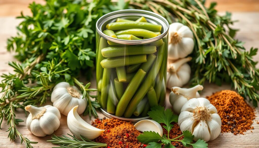 A crisp, well-lit close-up photograph showcasing an assortment of fresh herbs, garlic, and seasonings arranged neatly around a can of green beans. The herbs, such as fresh thyme, rosemary, and parsley, are arranged in a visually appealing way, with the garlic cloves and a sprinkle of spices like black pepper and red pepper flakes providing a sense of depth and texture. The can of green beans is positioned prominently in the center, serving as the focal point and highlighting the subject of the image. The lighting is soft and natural, creating a warm, inviting atmosphere that emphasizes the vibrant colors and textures of the ingredients. The overall composition is balanced and aesthetically pleasing, capturing the essence of adding flavorful enhancements to simple canned green beans. Flavorful Additions to Enhance Simple Canned Green Beans