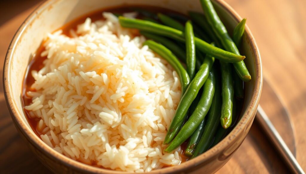 A delectable bowl of perfectly cooked, fluffy long-grain rice nestled alongside tender, vibrant green beans, bathed in a light, savory sauce. The rice glistens under warm, natural lighting, accentuating its wholesome texture. The green beans, freshly steamed, retain their crisp-tender bite and verdant hue, creating a visually appealing contrast. The overall composition is arranged with an eye for balance and harmony, showcasing the nutritious, satisfying nature of this wholesome dish. The scene exudes a sense of freshness, vitality, and culinary expertise, inviting the viewer to savor the many health benefits of this simple yet delicious rice and green beans recipe. Health Benefits of Green Beans