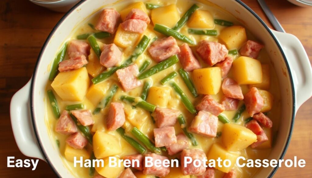 A delectable casserole dish, with tender chunks of savory ham nestled among vibrant green beans and hearty chunks of golden potatoes. The creamy, cheesy sauce envelops the ingredients, creating a comforting and satisfying meal. Warm lighting casts a cozy glow, highlighting the inviting textures and colors. The casserole dish sits atop a rustic wooden table, surrounded by simple kitchen utensils, conveying a homemade, homey atmosphere. The overall scene evokes a sense of effortless, wholesome preparation, perfectly capturing the essence of the "Easy Ham Green Bean Potato Casserole" recipe. Easy Ham Green Bean Potato Casserole Preparation