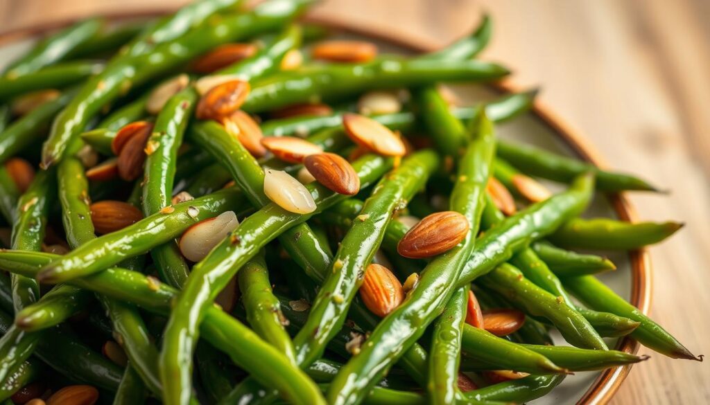 A delectable plate of fresh, vibrant green beans sautéed in a fragrant blend of garlic, olive oil, and a hint of lemon. The beans are perfectly crisp-tender, glistening under the soft, warm lighting that casts a cozy glow over the scene. In the foreground, the green beans are arranged artfully, their slender forms complemented by the occasional pop of roasted slivered almonds. The middle ground features a simple, rustic wooden surface, lending an earthy, homemade touch. The background subtly fades into a soft, inviting neutral tone, allowing the star of the dish to take center stage. This image captures the essence of a truly exceptional green bean recipe - one that is both flavorful and visually appealing, worthy of gracing the pages of a culinary feature. Comparing Cooking Techniques: Steaming vs. Sautéing