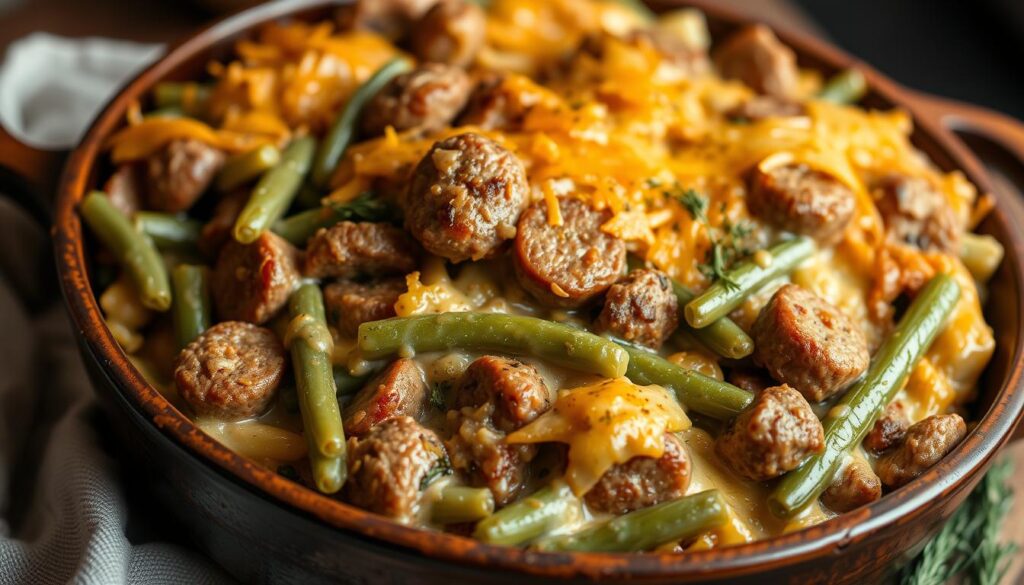 A delectable sausage and green beans casserole, nestled in a rustic baking dish. The sausage, perfectly browned and juicy, mingles with tender green beans and a creamy, savory sauce. Aromatic herbs and spices accent the dish, while a golden, bubbly cheese topping adds a tempting layer of texture. Soft, indirect lighting bathes the scene, highlighting the casserole's inviting appearance. The composition is centered, allowing the casserole to take center stage, surrounded by a softly blurred background that sets the cozy, homey atmosphere. This image captures the essence of a comforting, wholesome sausage and green beans casserole, ready to be savored as part of a delicious weeknight meal. Delicious Sausage and Green Beans Casserole Variations