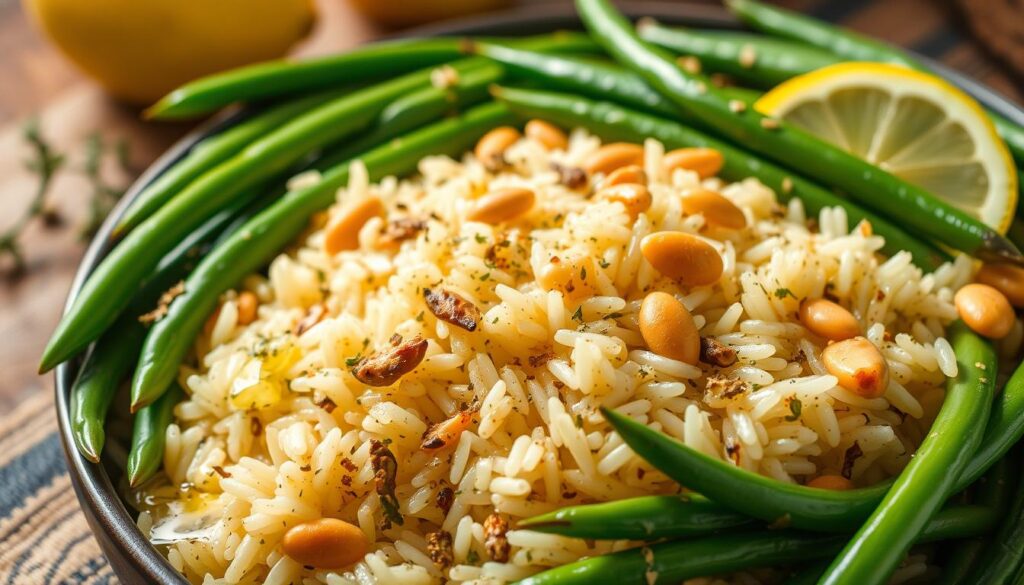 A delectable still life showcasing a vibrant arrangement of freshly cooked rice and sautéed green beans. The rice, glistening with butter, is accompanied by a mix of aromatic herbs, garlic, and a sprinkle of toasted pine nuts. The green beans, their crisp texture complemented by a drizzle of lemon-infused olive oil, add a vibrant pop of color. Captured in warm, soft lighting, the image exudes a homely, rustic ambiance, inviting the viewer to savor the comforting flavors of this flavorful dish. The composition is balanced, drawing the eye to the harmonious interplay of textures and hues. A visually appetizing representation of the "Flavorful Rice and Green Beans Recipe Enhancements" section. Flavorful Rice and Green Beans Recipe Enhancements