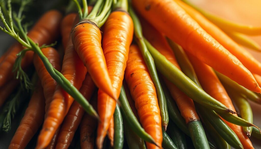 A delicate arrangement of vibrant carrots and crisp green beans, their colors and textures intertwined in a harmonious display. Soft, warm lighting illuminates the scene, casting a subtle glow that enhances the natural beauty of the produce. The composition is carefully balanced, with the vegetables positioned in a visually appealing manner, inviting the viewer to savor their aesthetic appeal. The image captures the essence of the season, the freshness and vitality of these humble yet captivating ingredients. A sense of culinary artistry permeates the frame, showcasing the versatility and visual charm of this flavorful vegetable duo. Vibrant Colors: The Aesthetic Appeal of Carrots and Green Beans