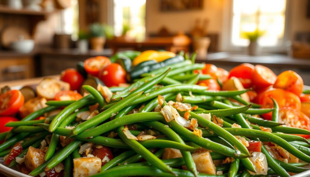 A delightful and versatile vegetable dish set against a warm, inviting backdrop. In the foreground, an array of fresh, vibrant green beans, expertly sautéed with fragrant garlic, onions, and a hint of lemon. The middle ground features an assortment of complementary vegetables, such as roasted tomatoes, tender zucchini, and vibrant bell peppers, all drizzled with a light, flavorful olive oil dressing. The background is a cozy, rustic kitchen setting, with natural light streaming in through large windows, illuminating the scene with a soft, golden glow. The overall composition conveys a sense of wholesome, homemade goodness, perfect for a Lebanese-inspired side dish or a standalone vegetarian meal. Lebanese Green Beans: A Versatile Addition