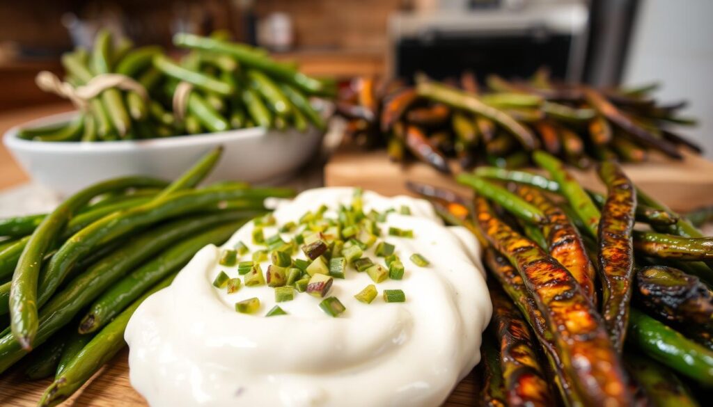 A delightful arrangement of glistening, charcoal-smoked green beans in the foreground, their distinctive color and texture showcasing the artful cooking technique. In the middle ground, a variety of presentation styles - some beans bundled neatly, others sprinkled atop a creamy white sauce, and a few perfectly charred and arranged in a fan-like display. The background hints at a rustic kitchen setting, with warm lighting casting a cozy glow over the vibrant vegetables. The overall scene exudes an inviting, appetizing atmosphere, capturing the essence of these flavorful, healthy smoked green bean variations. Best Seasonings for Smoked Green Beans