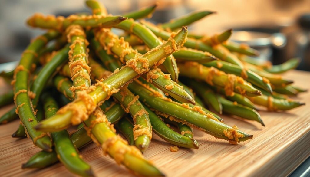 A delightful close-up of freshly fried tempura green beans, their crispy golden-brown exteriors glistening under the warm, soft lighting of a professional kitchen. The long, slender beans are arranged in an artful, overlapping pattern, their vibrant green hues contrasting beautifully against the light wooden surface. The composition is balanced and visually appealing, with a shallow depth of field that draws the viewer's attention to the perfectly cooked tempura. The overall mood is one of culinary mastery and mouthwatering appetizing appeal. Perfectly Crispy Tempura