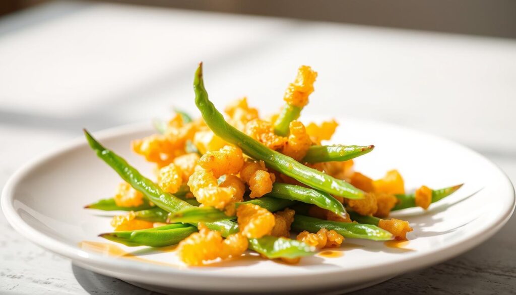 A golden-brown tempura-fried green beans nestled on a plate, glistening with a light sheen of oil. The crisp, delicate batter clings to the tender, vibrant green beans, creating a delightful contrast in texture. The arrangement is visually striking, with the beans artfully arranged in an inviting display. Soft, indirect lighting from the side accentuates the dish's three-dimensional form, casting subtle shadows that add depth and dimension. The overall mood is one of appetizing elegance, making the viewer's mouth water with anticipation of the savory, crunchy delight. Serving Suggestions for Tempura Green Beans