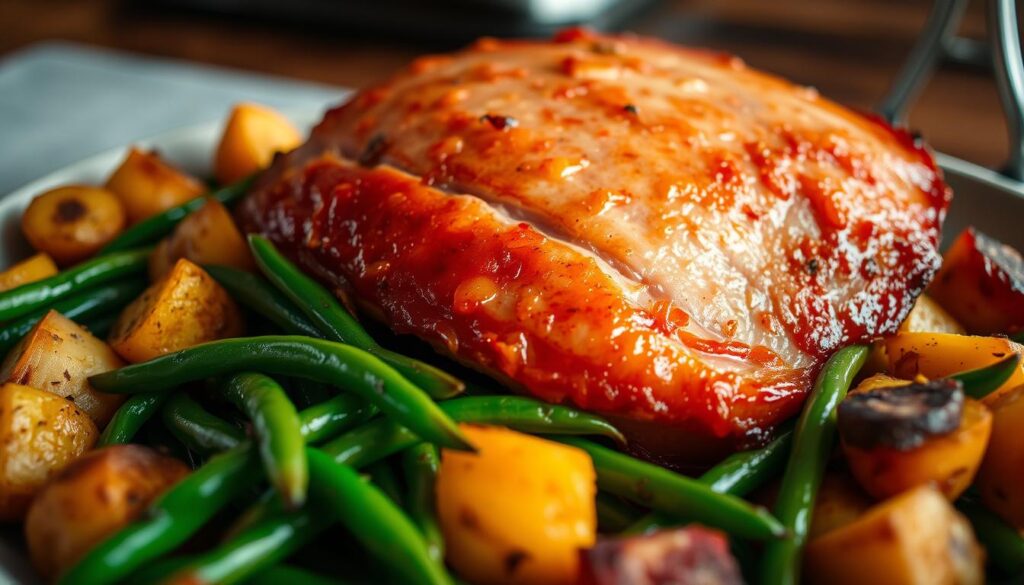 A hearty homemade dish of savory ham, tender green beans, and fluffy golden potatoes. The ham glistens with a light caramelized glaze, resting atop a bed of vibrant green beans and chunks of roasted potatoes. The lighting casts a warm, rustic glow, accentuating the rich colors and textures. The scene is captured from a low, angled perspective, putting the viewer right at the table, ready to dig in. The overall mood is one of comforting, homestyle cooking - a delectable, family-friendly meal straight from the kitchen. Homemade Ham Green Bean Potato Dish Cooking Instructions