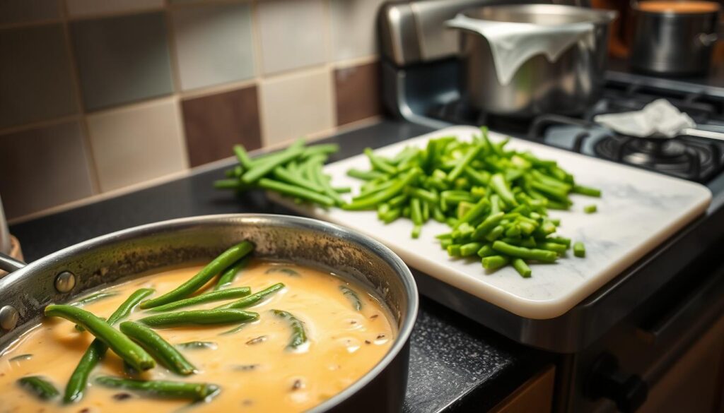 A kitchen counter with various common cooking mistakes involving cheesy green beans. In the foreground, a pan with overcooked, mushy green beans drowning in a pool of watery cheese sauce. In the middle ground, a cutting board with uneven, haphazardly chopped green beans. In the background, a cluttered stovetop with a boiling pot of water spilling over the edge. Harsh, overhead lighting casts unforgiving shadows, highlighting the culinary mishaps. The atmosphere is one of frustration and kitchen chaos, a cautionary tale for aspiring chefs. overcooking green beans