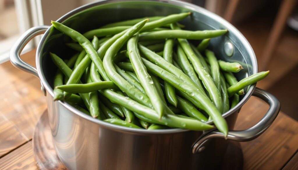 A large stainless steel pot filled with freshly harvested green beans, glistening with beads of water. The beans are arranged in an elegant, overlapping pattern, showcasing their vibrant green hues and slender, cylindrical shapes. The pot sits atop a rustic wooden table, illuminated by soft, natural lighting filtering in through a nearby window. The overall scene evokes a sense of homemade comfort and Southern hospitality, perfectly capturing the essence of "Easy Arkansas Green Beans: A Tasty Side Dish." Perfecting the Seasoning