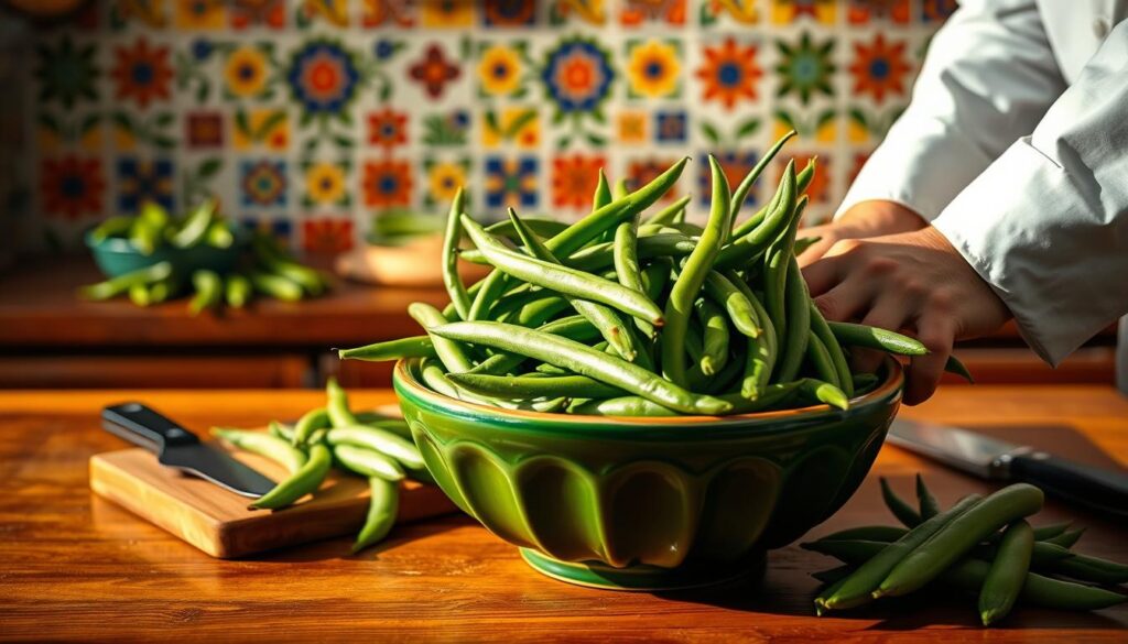 A large, wooden kitchen counter with a green ceramic bowl filled with vibrant, fresh Mexican green beans. In the foreground, a chef's hands carefully trimming the beans, with a sharp knife and cutting board beside them. The background features a lively, colorful Mexican tile backsplash, casting a warm, natural light across the scene. The overall atmosphere is one of culinary expertise and authentic Mexican cuisine, inviting the viewer to imagine the delicious aroma and flavors of the perfect Mexican green beans recipe. A large, wooden kitchen counter with a green ceramic bowl filled with vibrant, fresh Mexican green beans. In the foreground, a chef's hands carefully trimming the beans, with a sharp knife and cutting board beside them. The background features a lively, colorful Mexican tile backsplash, casting a warm, natural light across the scene. The overall atmosphere is one of culinary expertise and authentic Mexican cuisine, inviting the viewer to imagine the delicious aroma and flavors of the perfect Mexican green beans recipe.