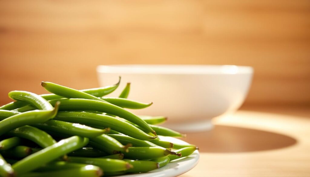 A meticulously photographed still life of Popeyes' delectable green beans, bathed in warm, natural lighting. The foreground showcases the vibrant, tender green beans, their surfaces glistening with a light coating of oil or seasoning. In the middle ground, a clean, white plate or bowl provides a minimalist backdrop, allowing the green beans to take center stage. The background features a simple, uncluttered setting, perhaps a wooden or neutral-toned surface, creating a sense of calm and focus on the nutritional value of this beloved side dish. The overall composition and lighting evoke a sense of freshness, quality, and the healthful properties of Popeyes' green beans.