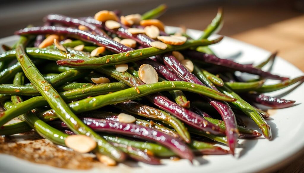 A mouthwatering close-up of a plate of freshly cooked purple green beans, glistening with a light olive oil glaze and garnished with slivered almonds. The beans are arranged in an elegant fan-like pattern, showcasing their vibrant purple hue and slender, crisp texture. Soft, natural lighting illuminates the dish, creating a warm, inviting atmosphere. The background is blurred, allowing the recipe to take center stage. The overall composition evokes a sense of simplicity and rustic elegance, perfectly capturing the essence of a delicious, homemade purple green beans dish. Cook the beans