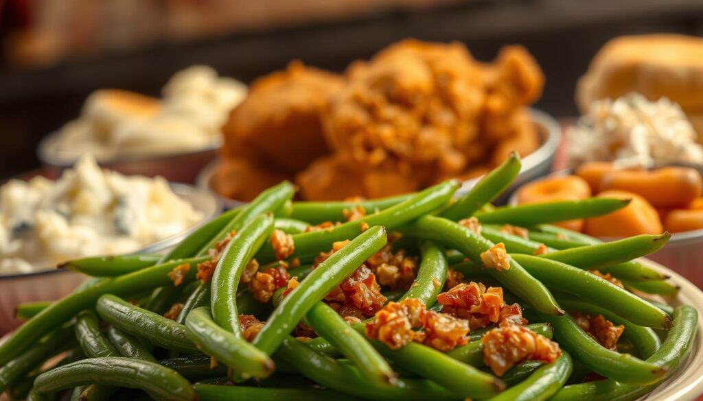 A mouthwatering spread of savory Popeyes green beans, artfully arranged alongside complementary dishes. In the foreground, the vibrant green beans, glistening with flavor, invite the viewer to savor their tender crunch. In the middle ground, juicy fried chicken, golden and crisp, stands as the natural pairing. In the background, a selection of flavorful sides - creamy mashed potatoes, fluffy biscuits, and tangy coleslaw - create a harmonious culinary symphony. Soft, warm lighting casts a comforting glow, while a shallow depth of field focuses the eye on the tantalizing meal. The overall scene evokes a sense of homestyle comfort and the perfect accompaniment to the beloved Popeyes green beans.