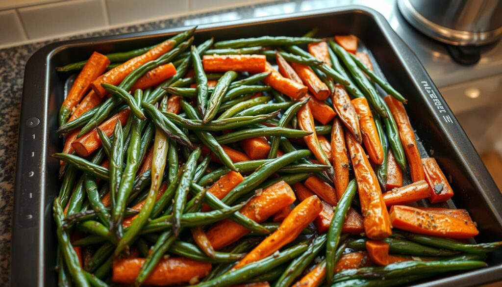 A neatly arranged countertop showcases a baking tray filled with freshly roasted green beans and carrots, their vibrant colors and caramelized edges glistening under the warm, natural lighting. The vegetables are perfectly seasoned, with a light drizzle of olive oil and a sprinkle of coarse salt, pepper, and aromatic herbs. The scene is captured from a high angle, providing a clear and appetizing view of the delectable roasted vegetables, ready to be served as a delightful side dish. A neatly arranged countertop showcases a baking tray filled with freshly roasted green beans and carrots, their vibrant colors and caramelized edges glistening under the warm, natural lighting. The vegetables are perfectly seasoned, with a light drizzle of olive oil and a sprinkle of coarse salt, pepper, and aromatic herbs. The scene is captured from a high angle, providing a clear and appetizing view of the delectable roasted vegetables, ready to be served as a delightful side dish.