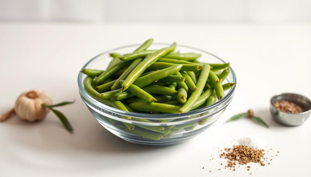 A neatly arranged kitchen countertop, with a glass bowl filled with freshly opened canned green beans, bathed in warm, soft lighting. The beans glisten with a light sheen, their vibrant green hue contrasting beautifully against the plain white background. Surrounding the bowl, a handful of simple seasonings - garlic, onion, salt, and pepper - are scattered, hinting at the effortless preparation process. The composition is clean, uncluttered, and focused, capturing the essence of a quick, no-fuss canned green beans recipe that can be easily replicated in any home kitchen. Quick Canned Green Beans Recipe Instructions