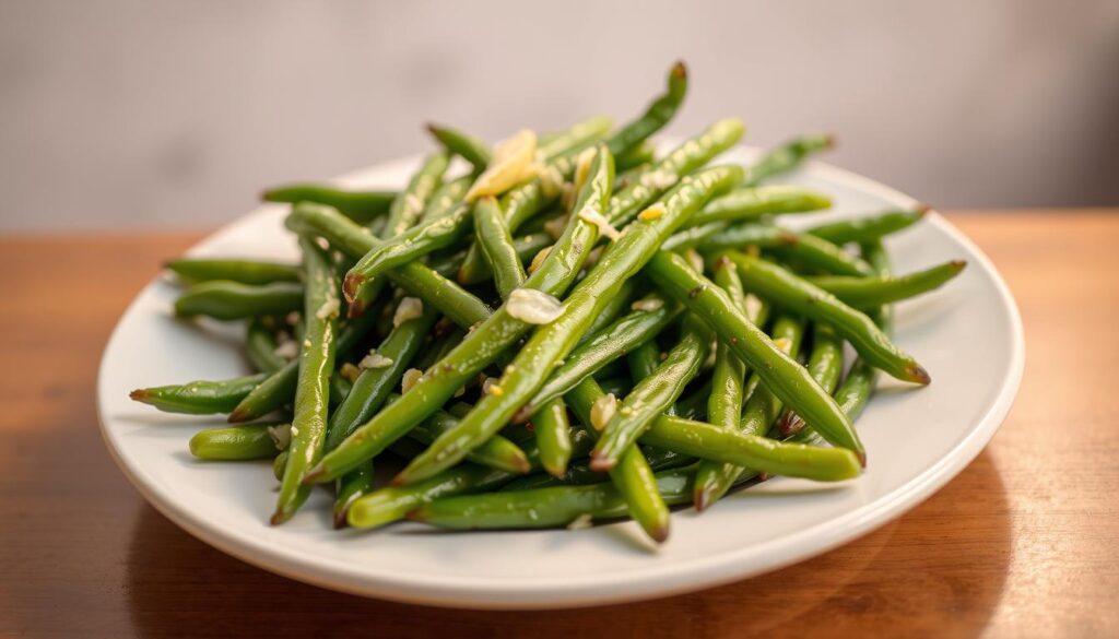 A neatly arranged plate showcasing a bountiful serving of seasoned green beans. The beans are glistening with a light glaze, their vibrant green hues complemented by a delicate sprinkling of garlic, shallots, and a hint of lemon zest. The beans are evenly cooked, retaining a crisp-tender texture, and presented with care against a softly blurred background, allowing the dish to take center stage. Warm, golden lighting casts a gentle glow, accentuating the appetizing appearance and creating an inviting, homemade atmosphere. The overall composition conveys a sense of simplicity and fresh, flavorful elegance. quick green beans side dish