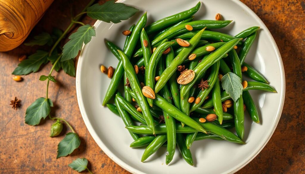 A neatly arranged plate showcasing a vibrant, authentic Indian green beans dish. The beans are freshly cooked, retaining their verdant hue and crisp texture. Garnished with aromatic whole spices like cumin, coriander, and mustard seeds, as well as slivers of fragrant curry leaves. Presented against a backdrop of a rustic, earthy table, with a warm, natural lighting illuminating the scene. The overall composition conveys the essence of a homemade, traditional Indian green beans recipe, ready to be savored. Authentic Indian Green Beans Recipe