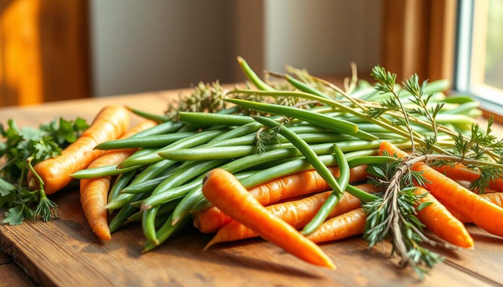 A neatly arranged still life of vibrant green beans, slender carrots, and aromatic herbs on a rustic wooden table. The vegetables are illuminated by warm, natural light from a nearby window, casting soft shadows and highlighting their fresh, earthy hues. The arrangement is simple yet inviting, capturing the essence of the ingredients needed for a delicious roasted green beans and carrots dish. The camera angle is slightly elevated, providing a clear, unobstructed view of the ingredients. The overall mood is one of culinary inspiration and wholesome, homemade goodness. A neatly arranged still life of vibrant green beans, slender carrots, and aromatic herbs on a rustic wooden table. The vegetables are illuminated by warm, natural light from a nearby window, casting soft shadows and highlighting their fresh, earthy hues. The arrangement is simple yet inviting, capturing the essence of the ingredients needed for a delicious roasted green beans and carrots dish. The camera angle is slightly elevated, providing a clear, unobstructed view of the ingredients. The overall mood is one of culinary inspiration and wholesome, homemade goodness.